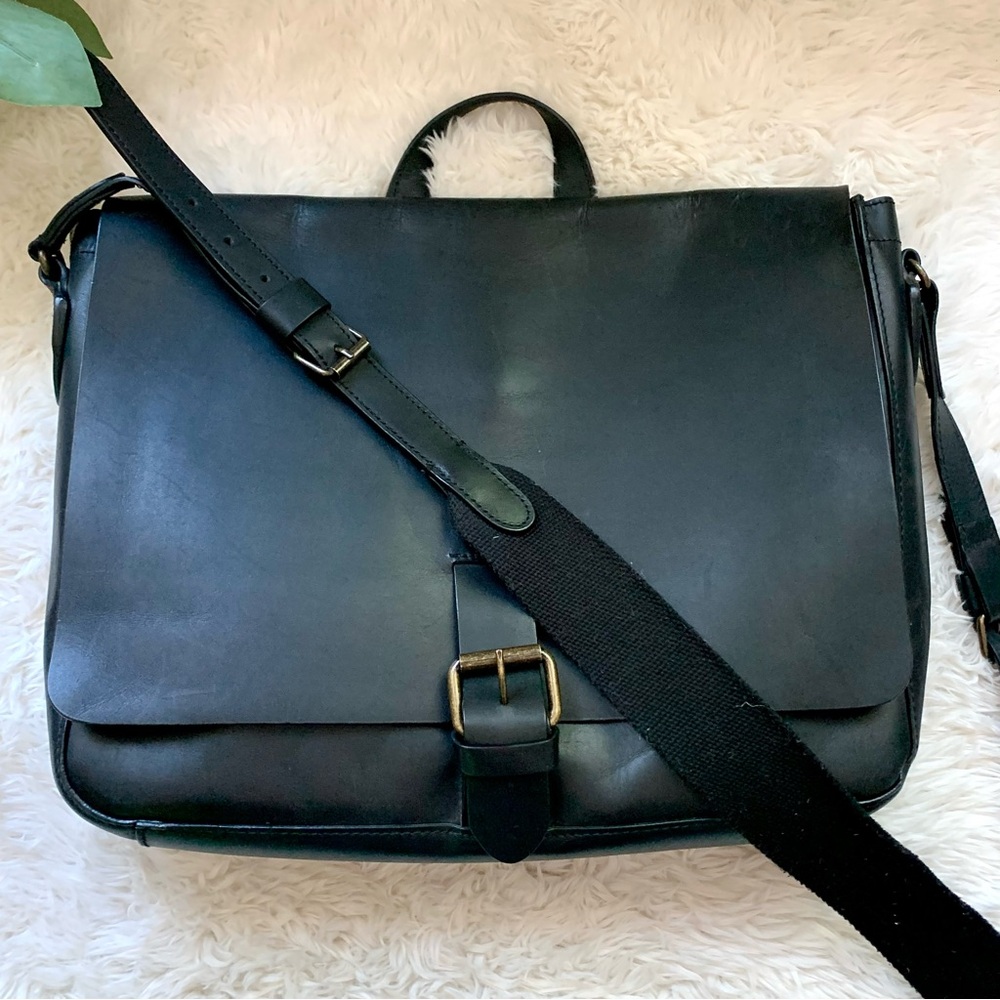 LL Bean Black Leather Briefcase Laptop Messenger Bag Mens